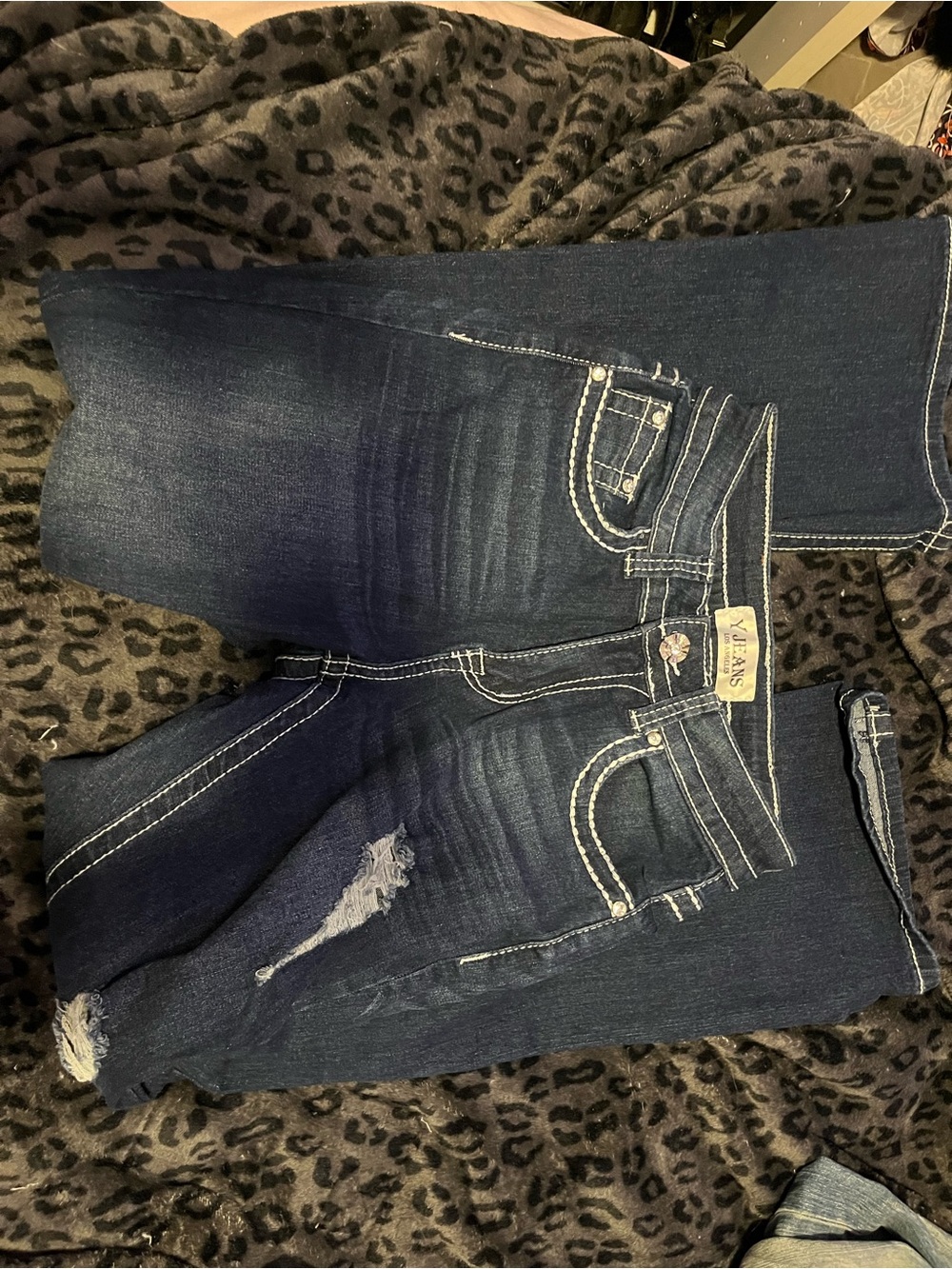 Dark Indigo Women's Flared Jeans with Distressed Detail - Picture 1 of 2